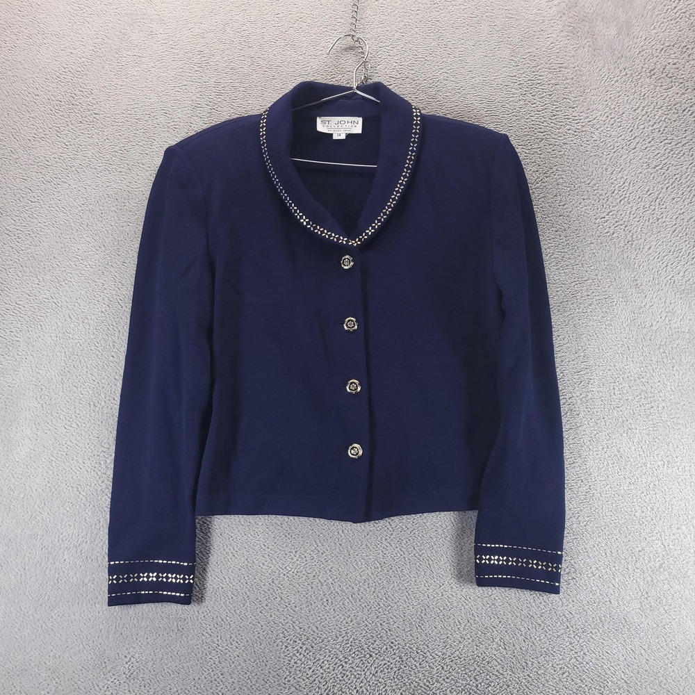 St. John Collection Blazer Womens 14 Blue Knit Gold Button Shawl Collar